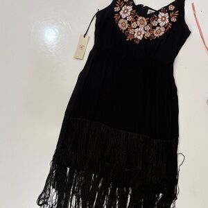 Idyllwind Black Midi Dress with Brown Floral Embroidery